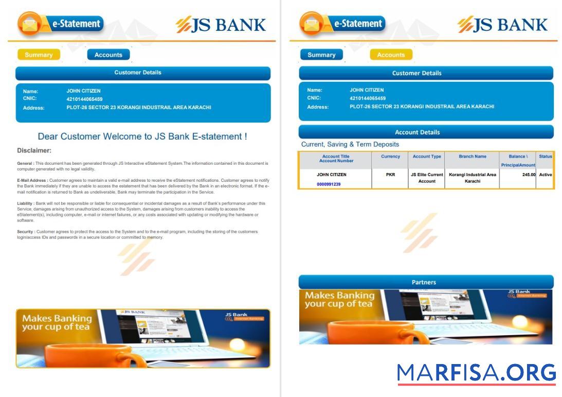 Blank Pakistan JS bank e statement word 3 pages download for verification
